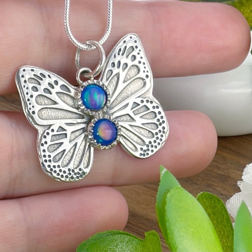 Aura Opal Butterfly Pendant Pure Sterling Silver 925 Boho Southwest Blue Purple - Picture 3 of 8